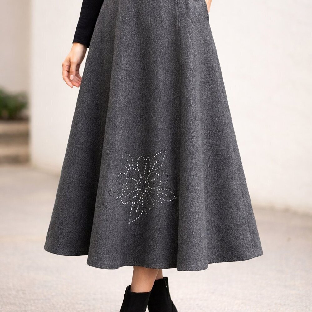 Vintage Ginori Sportswear Grey Wool Floral Motif Midi Skirt XS/S
